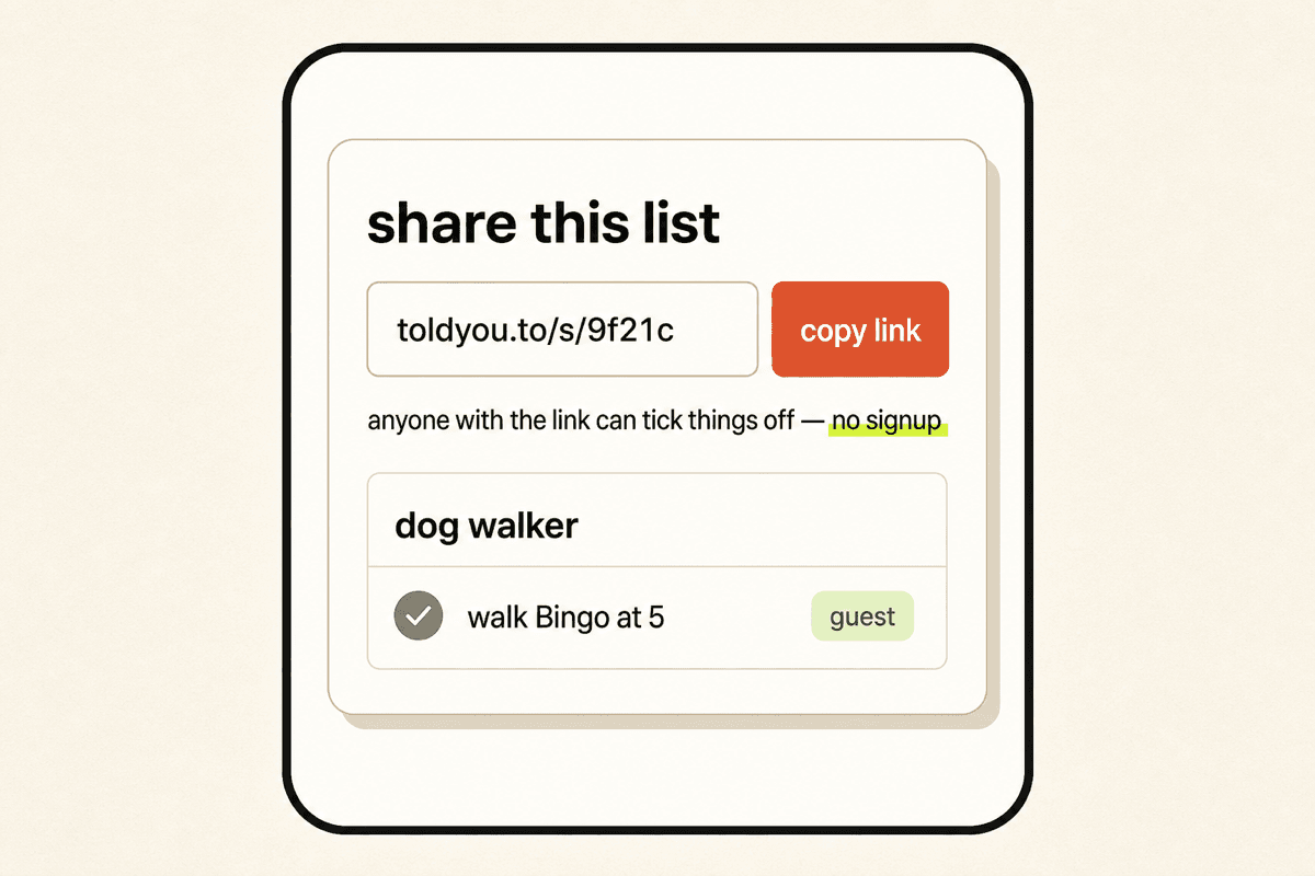 A share this list panel with a toldyou.to link, a red copy link button, a no signup note, and a dog walker list a guest ticked off.