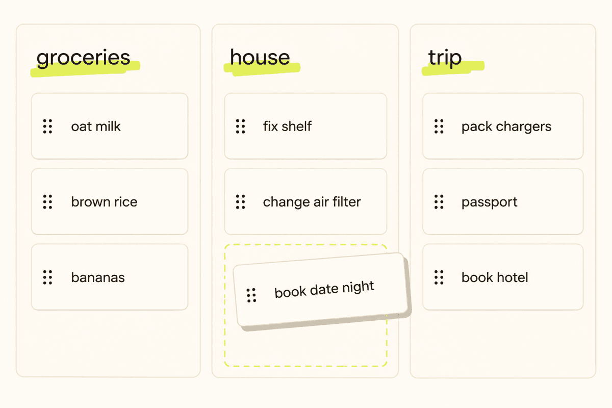 A board with groceries, house and trip columns and a book date night card being dragged between them.