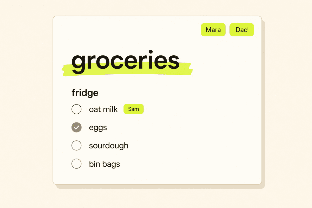 A shared list titled groceries with name tags Mara and Dad, an oat milk row tagged Sam, and eggs ticked off.